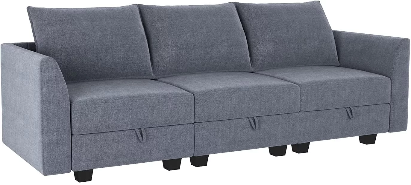 HONBAY Modern Sectional Sofa Upholstered 3-Seater Modular Couch, Bluish Gray