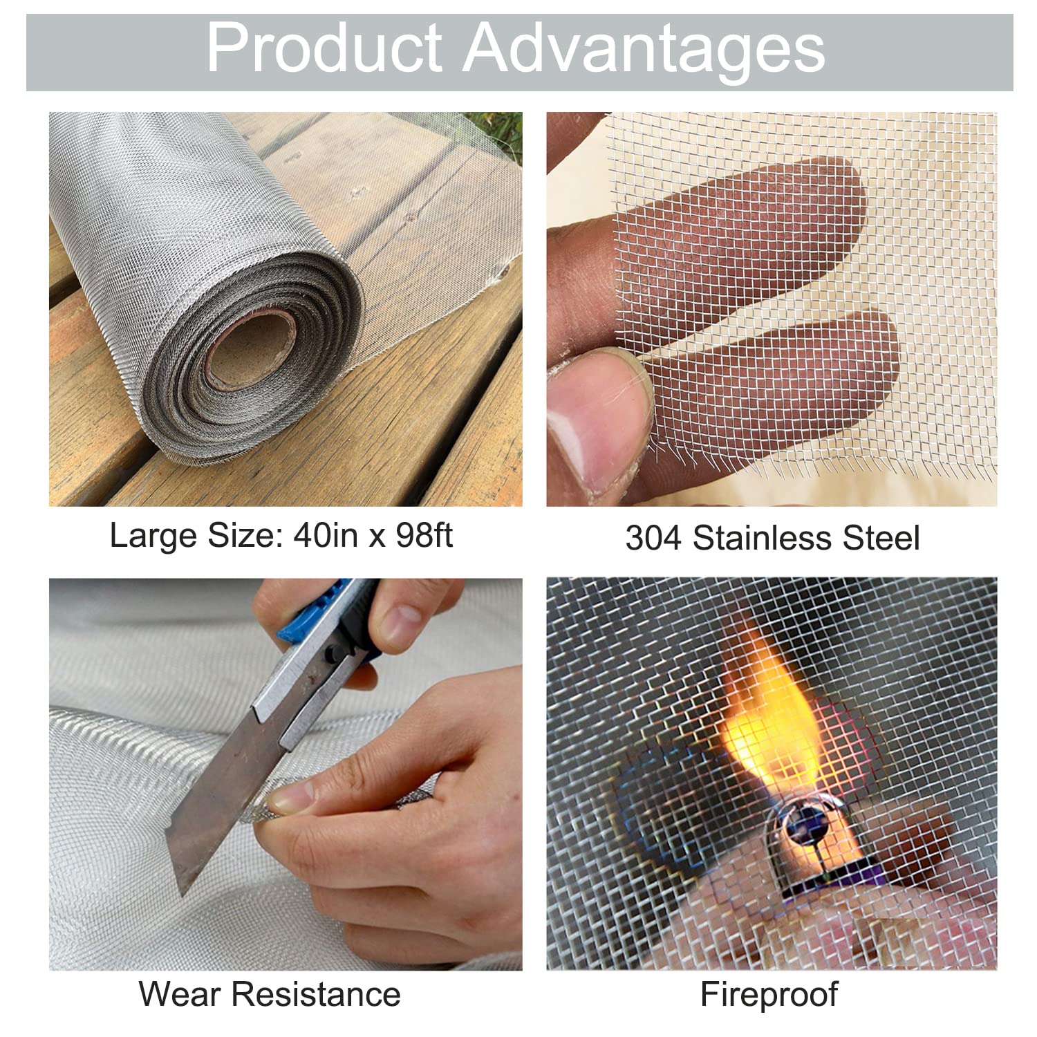 304 Stainless Steel Woven Wire Mesh 39.4inch x 98 Feet Metal Window Screen Mesh Roll Security Mesh Roll for Door Screen/Patio Screen/Cabinets Mesh 20