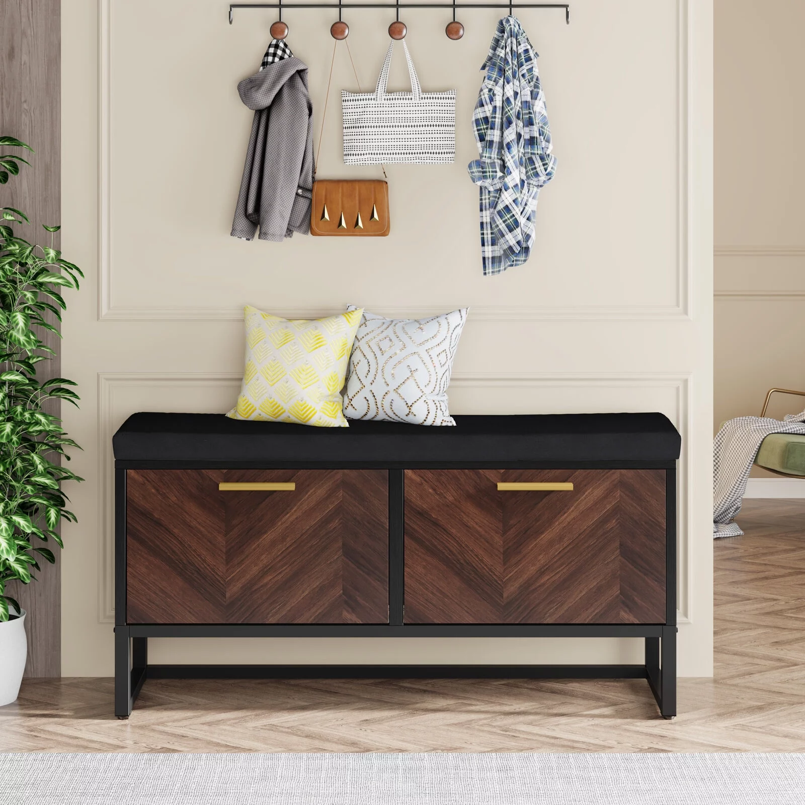 Tribesigns Shoe Storage Bench with Cushion & 2 Flip Drawers Entryway Hidden Shoe Storage with Adjustable Shelves, Brown & Black