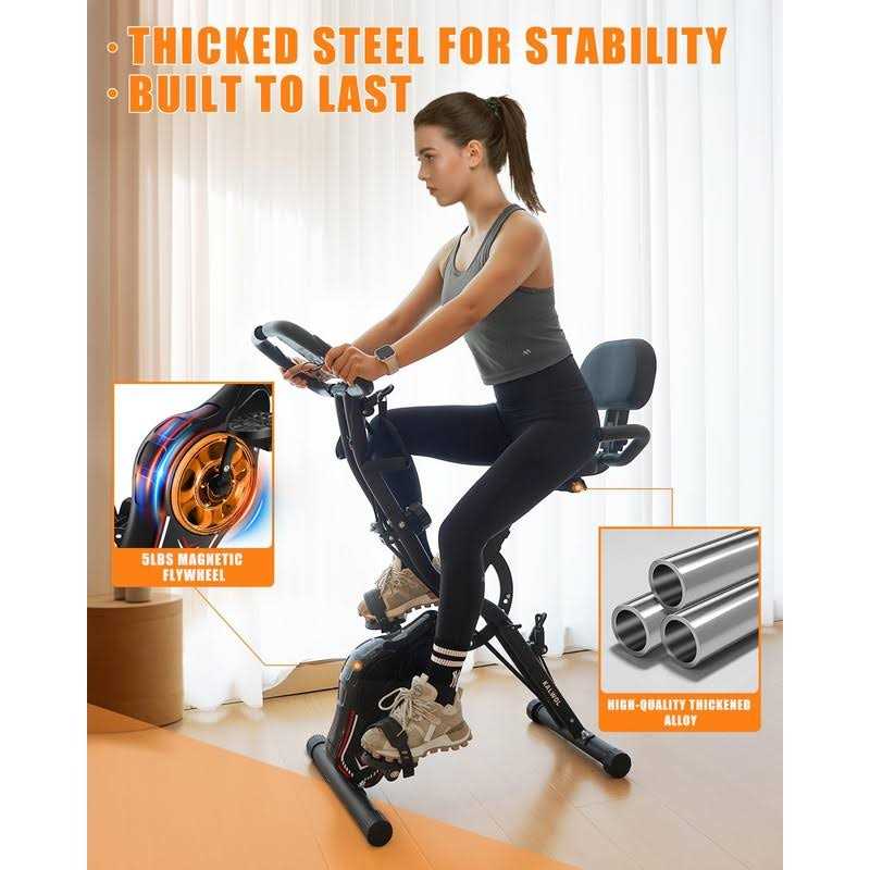 KALWOL Folding Exercise Bike 5-in-1 Foldable Stationary Bike Upgraded 16-level Magnetic Resistance 10DB Near-silent Bike Upright Indoor Exercise Bike