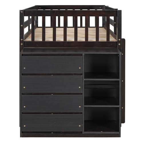 Ball & Cast Full Over Full Bunk Bed with Twin Size Trundle and Built in 4 Drawer,Wood Bunkbed w/Storage Ladder & Slat Support