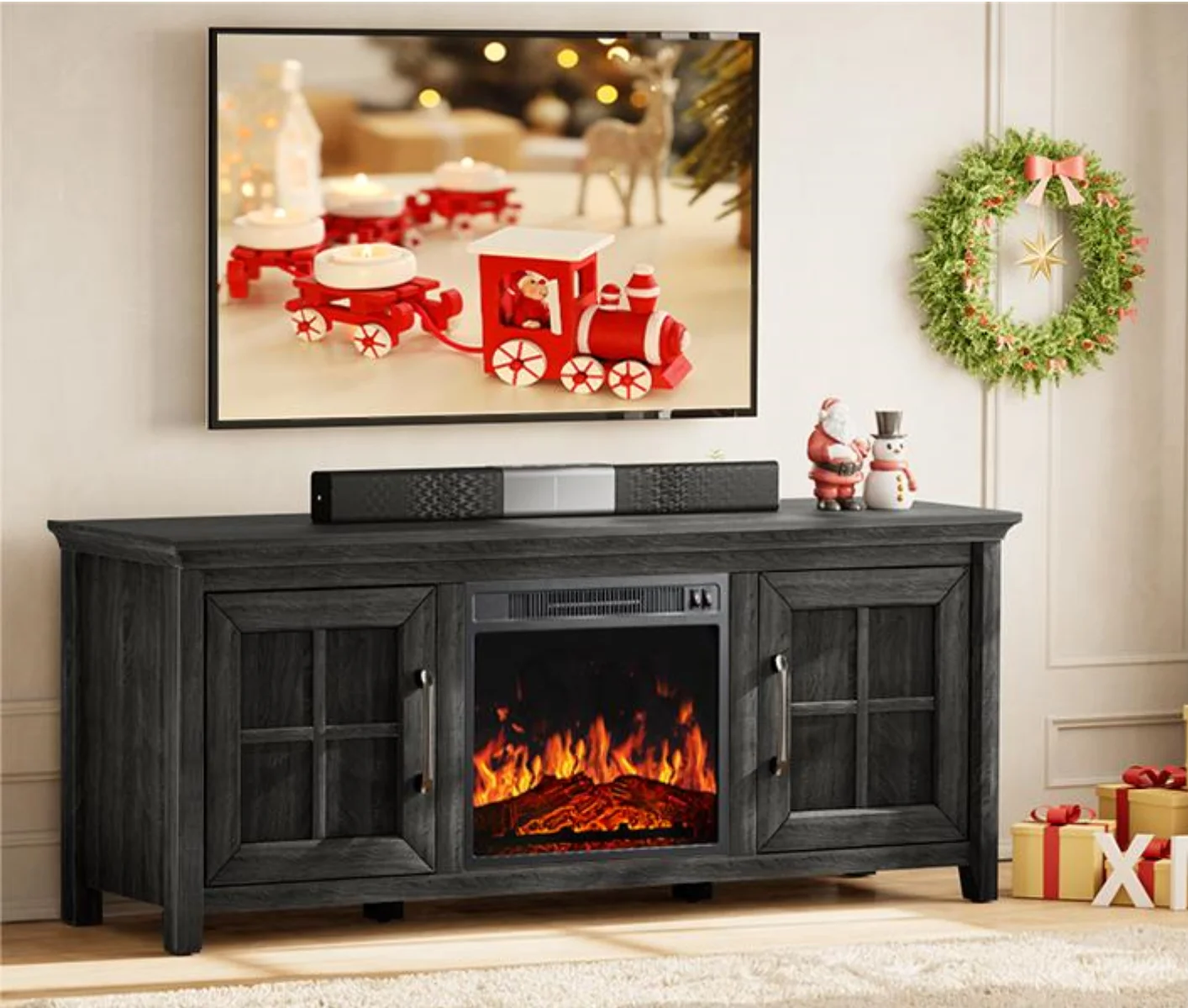 Fireplace TV Stand for 70 inch TV Fireplace Entertainment Center with Adjustable Shelves TV Console Table for Living Room Bedroom