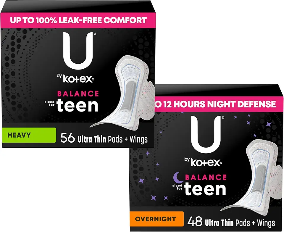U by Kotex Balance Sized for Teen Day & Night Bundle: Ultra Thin Pads with Wings, Heavy Absorbency, 56 Count & Ultra Thin Overnight Pads with Wings
