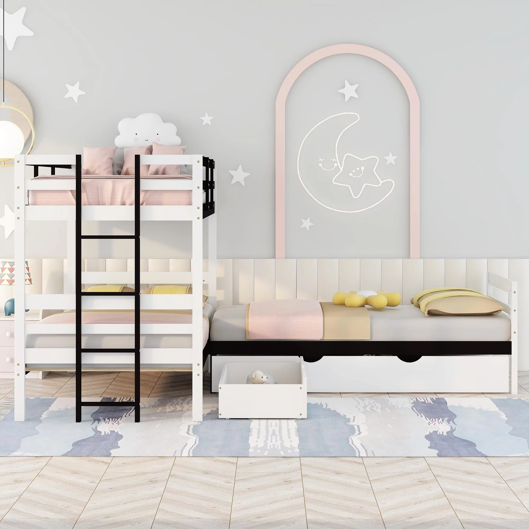 L-Shaped Twin Bunk Bed and Platform Bed with Trundle and Drawer, White - Curated Treasures Market