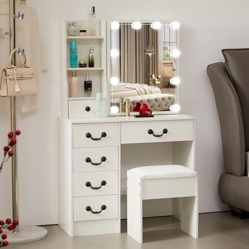 Vanity Desk with Mirror & Light,Makeup Vanity Table with Power Strip,Dressing Table Set with Large Drawers, White (VAN-07)