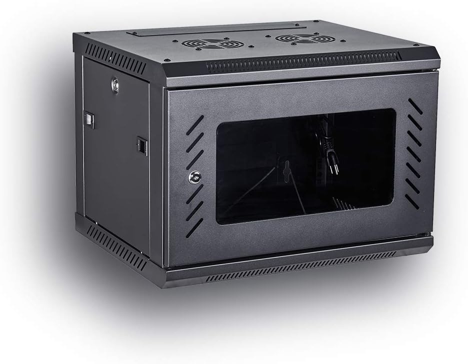Kenuco Wall Mount Rack Server Cabinet Data Network Enclosure 19-Inch Server Network Rack with Locking Glass Door 16-Inches Deep (BLACK 06U)