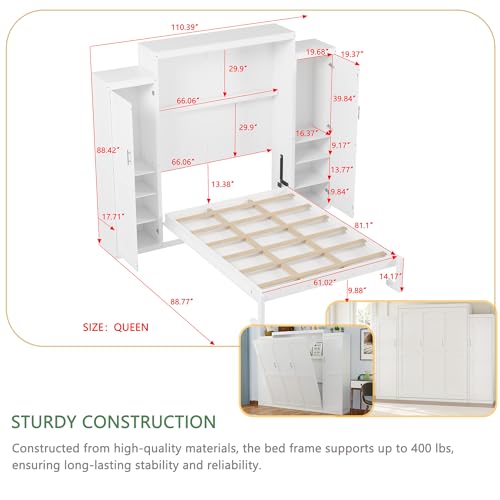 Polib Full Size Murphy Bed with Two Wardrobes and Storage Shelf, Space-Saving Wall Cabinet Bed with Foldable Platform Bedframe for Small Bedrooms