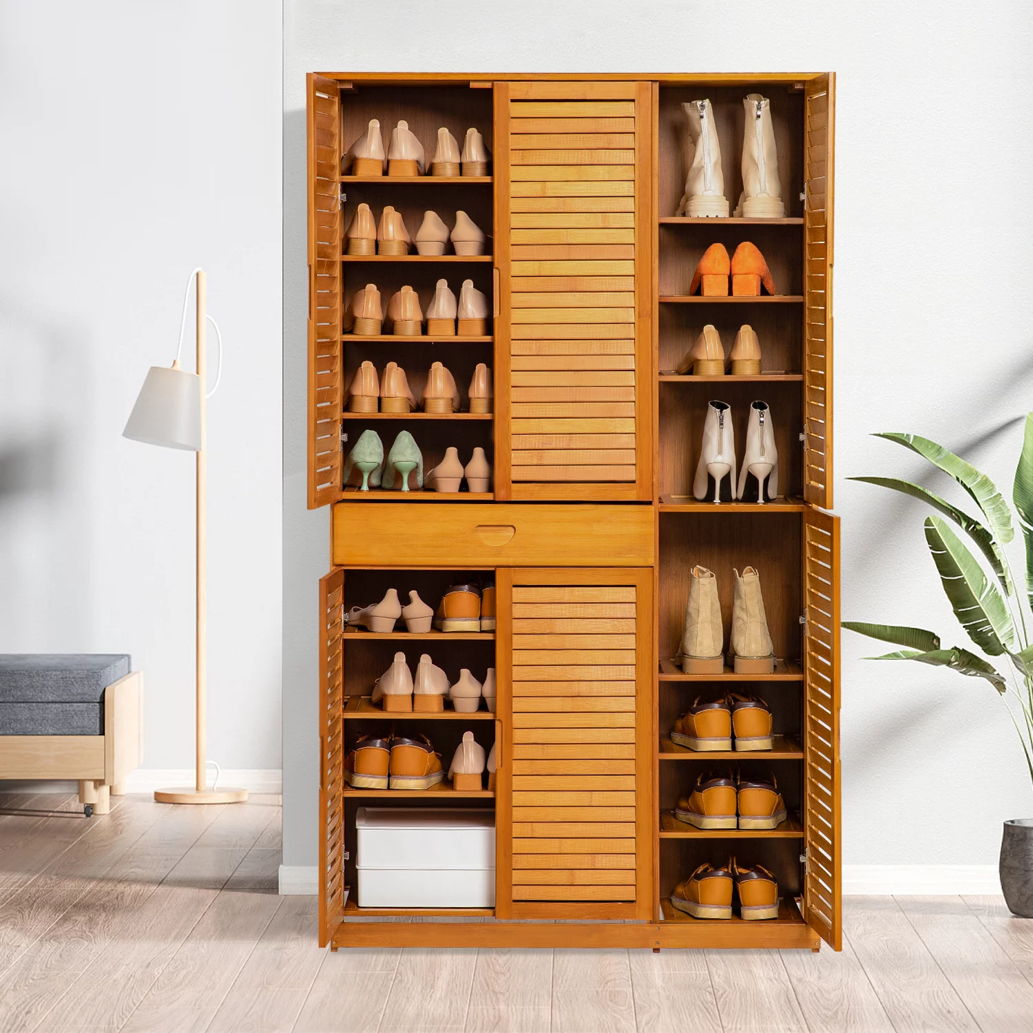 Magshion Bamboo 10 Tiers 1 Drawer Shoes Cabinet, 43 Pairs Storage with Shutter Doors, Brown, for Entryway
