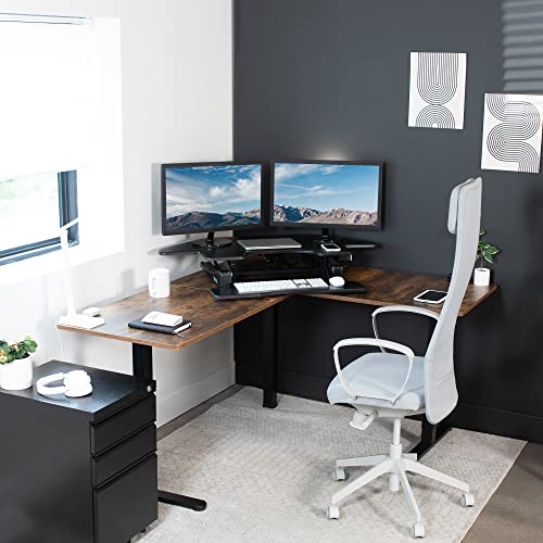 VIVO 43 inch Corner Electric Height Adjustable Cubicle Stand Up Desk Converter, VE Series, Sit to Stand Tabletop Dual Monitor Riser with USB Port