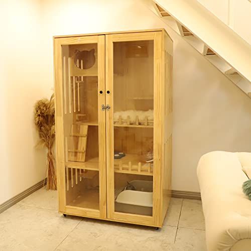 Laifug Catio Indoor Cat Enclosure Large Cat House for Mulitiple Cats, with Scratching Post and Lockable Wheels Double Layer with Escape Door
