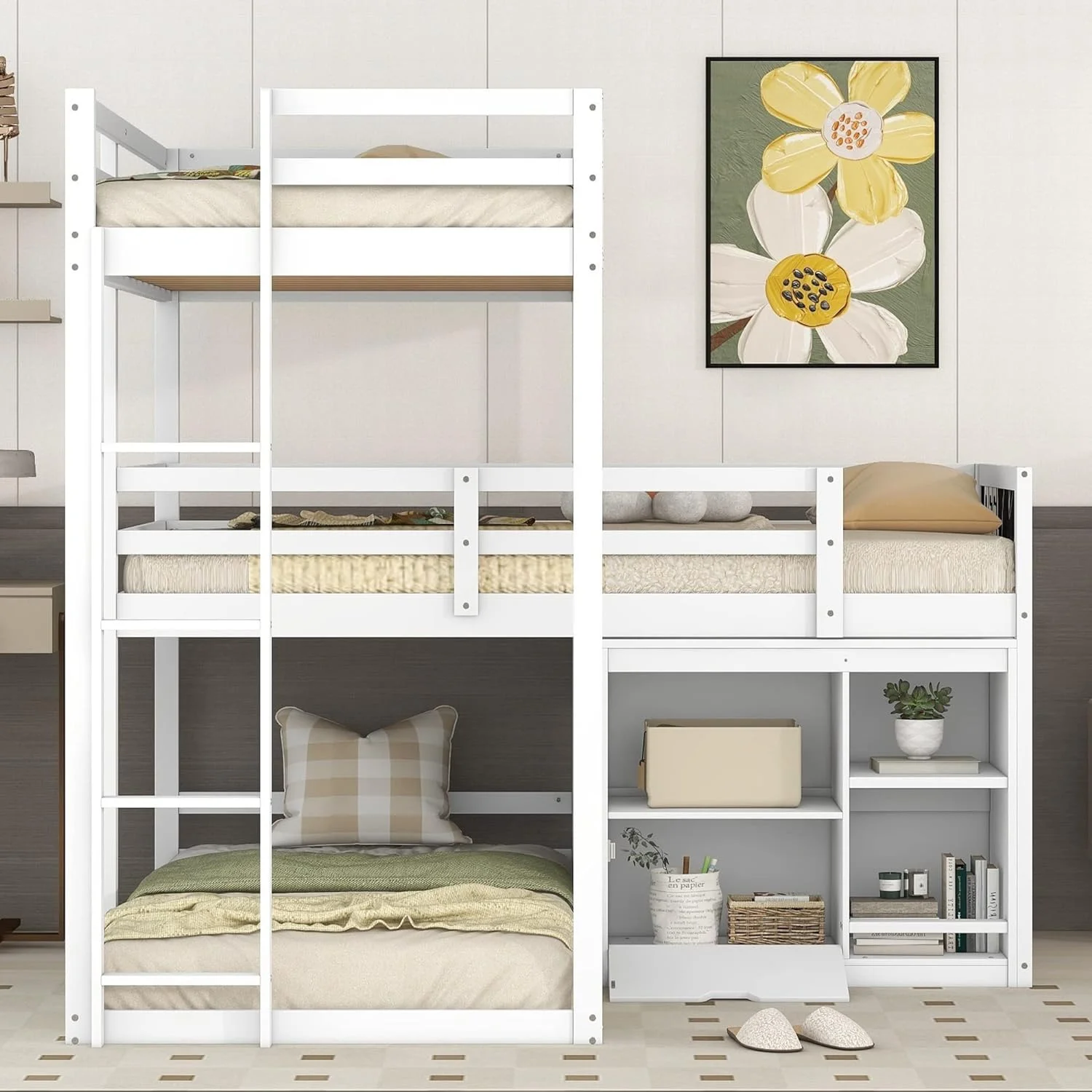 Size Triple Bunk Beds L-Shaped Bunk Beds With Cabinet, Blackboard And Ladder, 3 Bed In 1 Triple Bed Soli Wood Triple Bed For Kids And Teens (White)