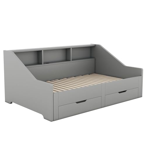 Merax Twin to King Daybed with Storage Bookcases and Two Drawers, Wood Bed Frame with Trundle and USB Charging Design for Bedroom, Guest Room