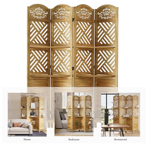 Room Divider with Shelves, 5.75ft Tall Folding Wood Carved Screen with Double Hinges for Home Office Bedroom Hotel Decoration (6 Panels, Natural)
