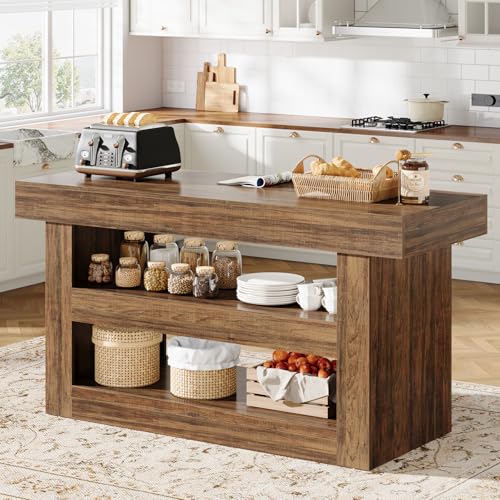 Tribesigns 55-Inch Kitchen Island with Storage, Farmhouse 3-Tier Stationary Island Table with Large Countertop