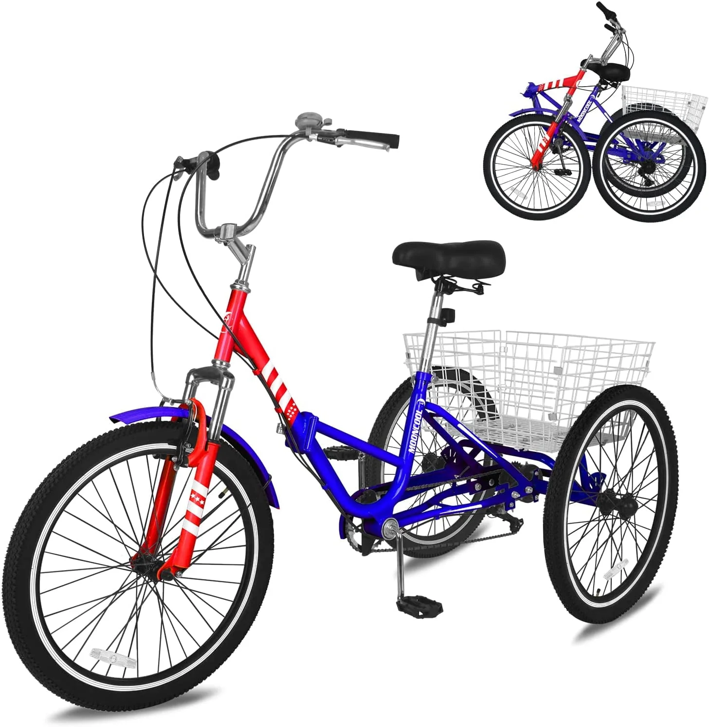 MOONCOOL Adult Folding Tricycle for Adults, 7 Speed 20/24/26 inch 3 Wheels Bikes with Basket, Foldable Tricycle for Adults, Women, Men, Seniors