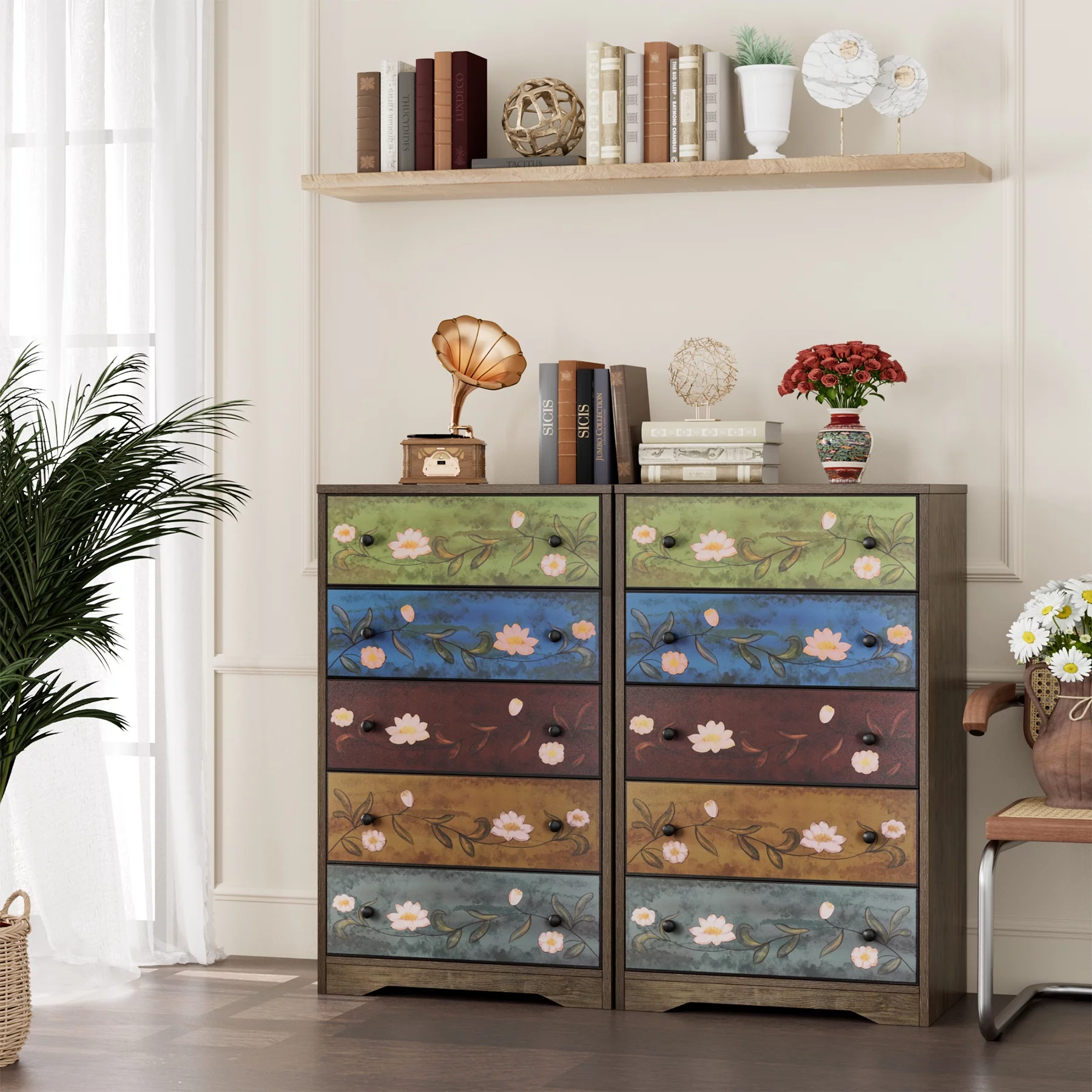 Homfa 5 Drawer Dresser for Bedroom, Boho Accent Dresser Chest of Drawers for Entryway Living Room