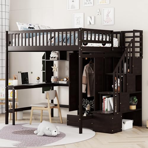 Full Size Loft Bed with Wardrobe Desk Storage Stairs, Wood Loft Bed Frame with Bookcase and Drawers, High Loft Bedframe for Kids Teens Adults