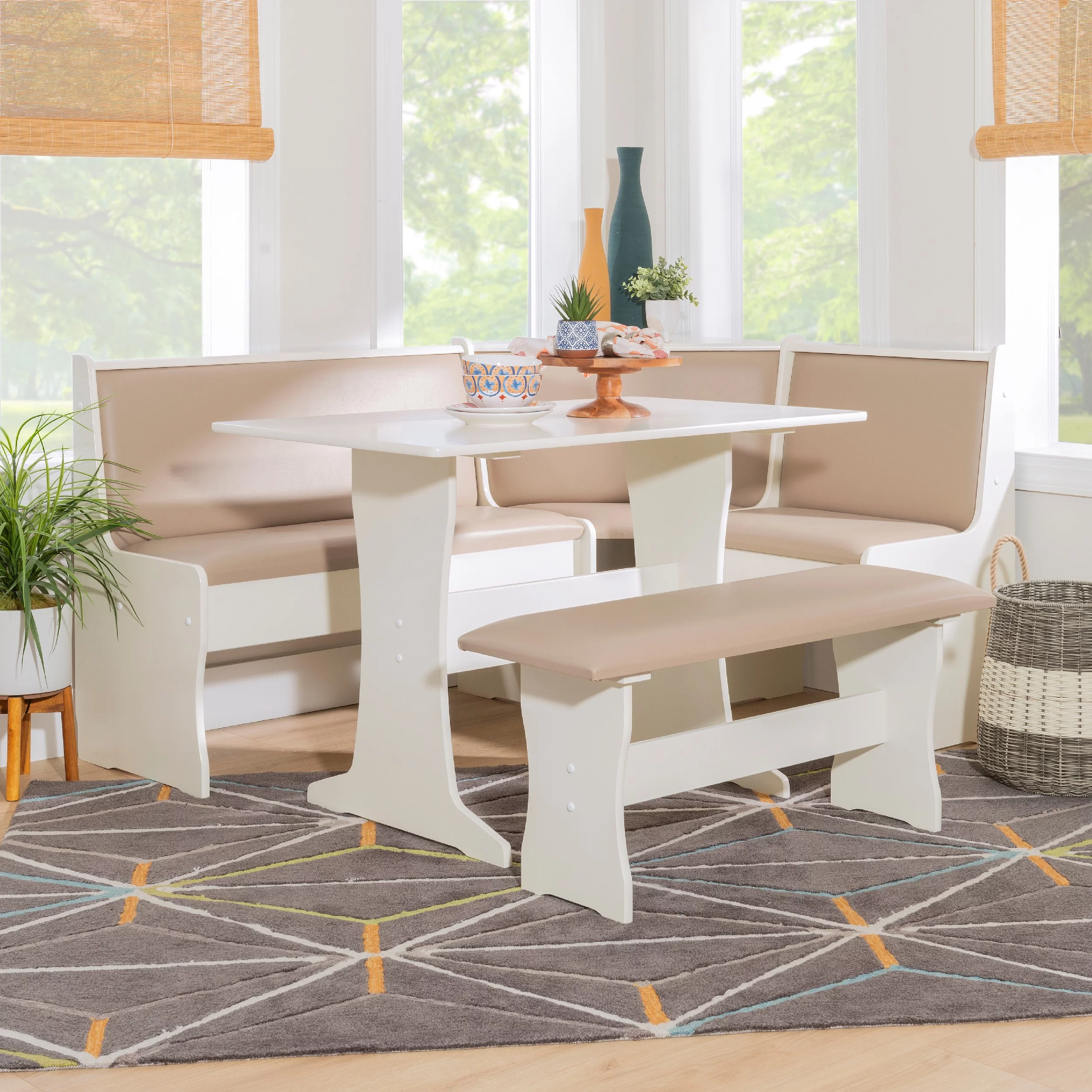 Linon Stella Dining Nook, Table, and Bench Set with Storage, Seats 5, Tan/Tan