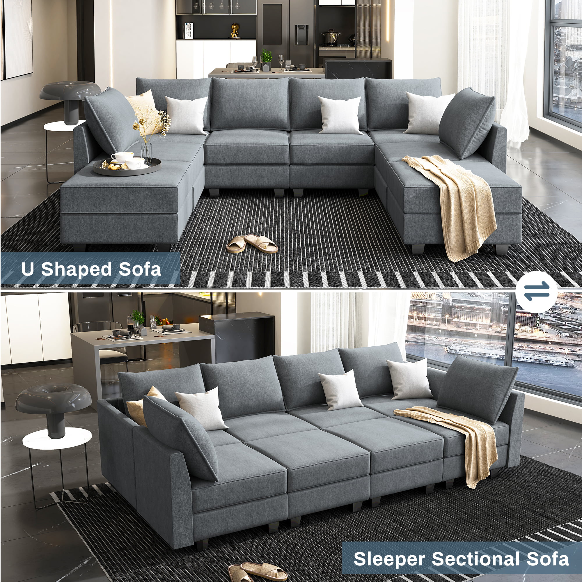 HONBAY Modern Sectional Convertible Sofa Sleeper Bed with Storage Ottomans for Living Room, Bluish Grey