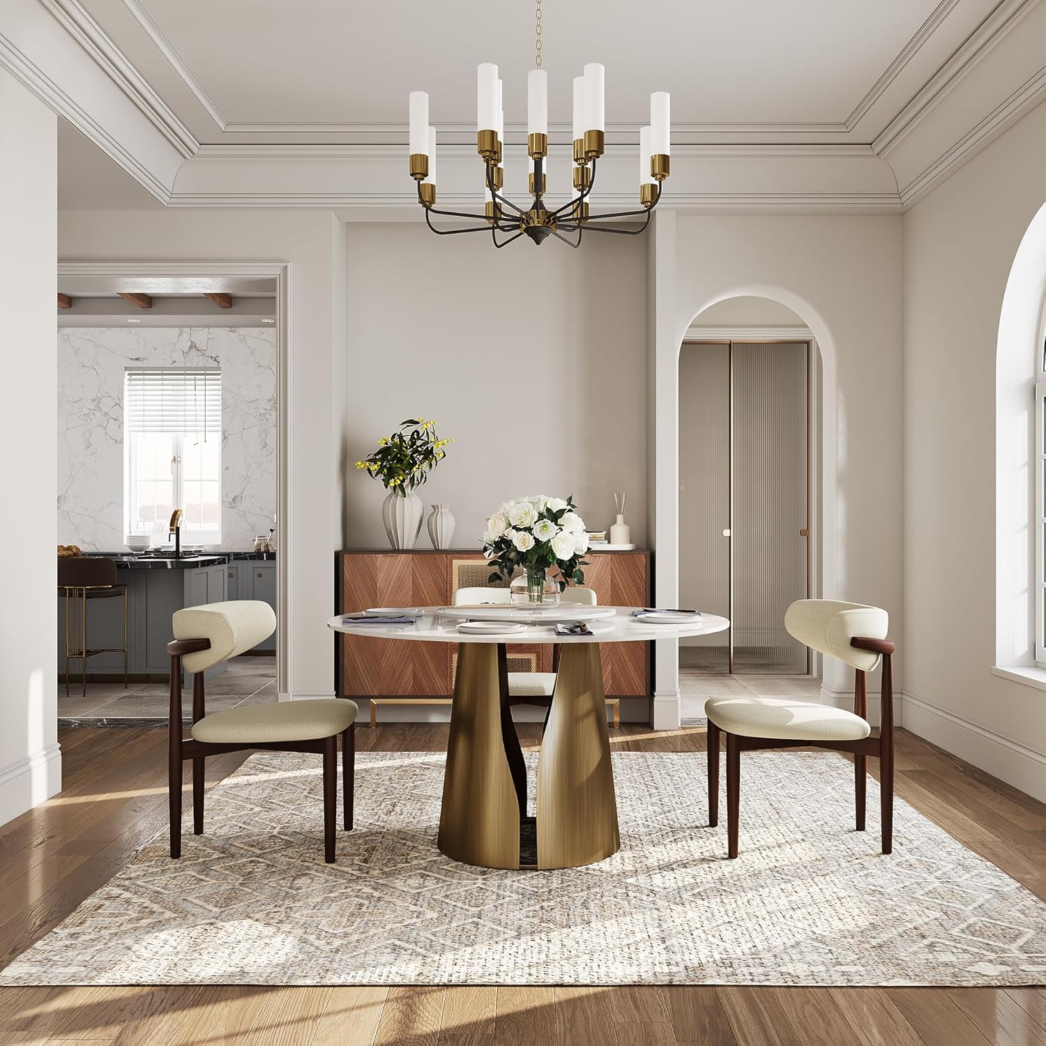 POVISON Round Dining Table for 4-6, Modern Round Dining Table Built in Lazy Susan for Dining Table