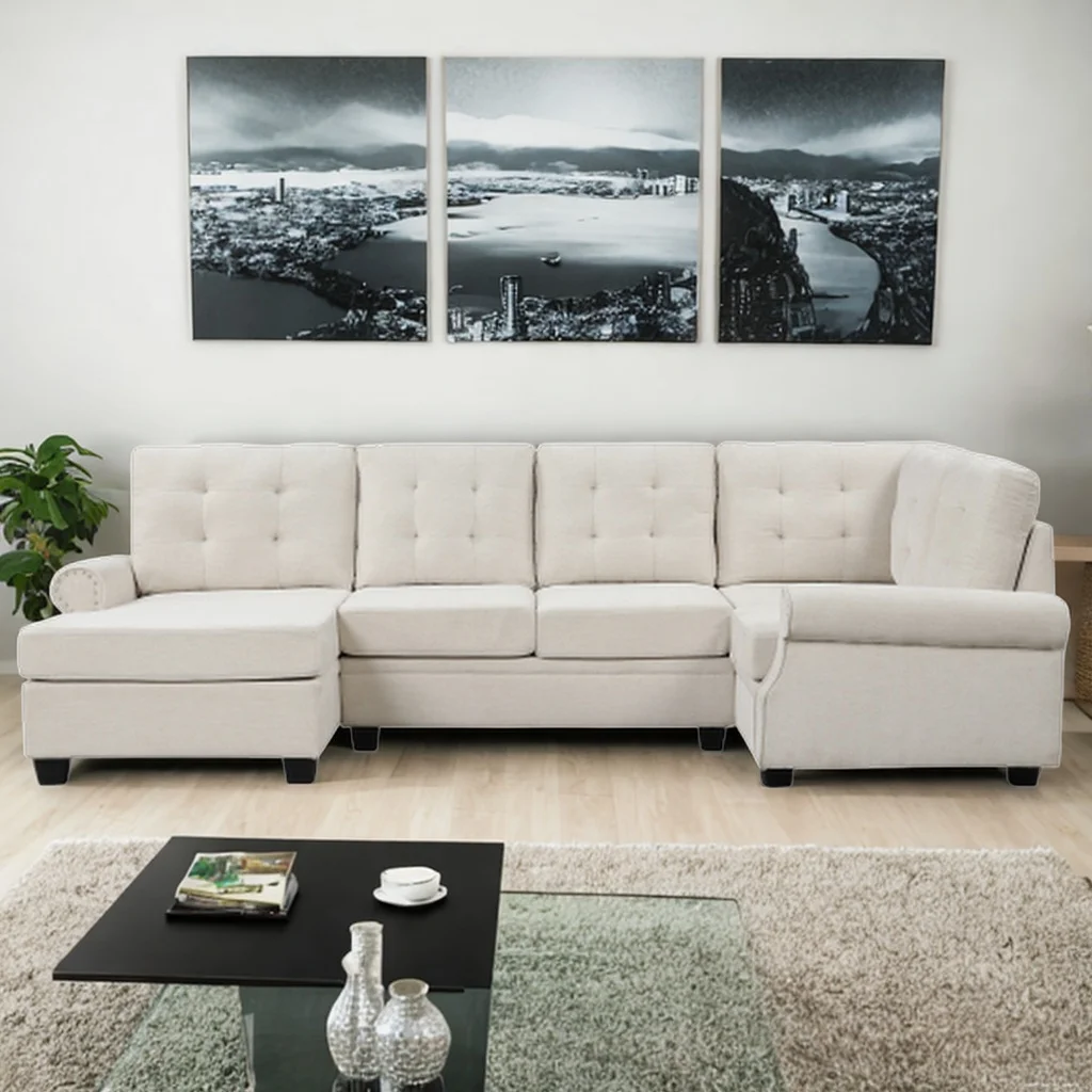 120" Modern U-Shaped Corner Sectional Sofa Upholstered Linen Fabric Sofa Couch for Living Room, Bedroom