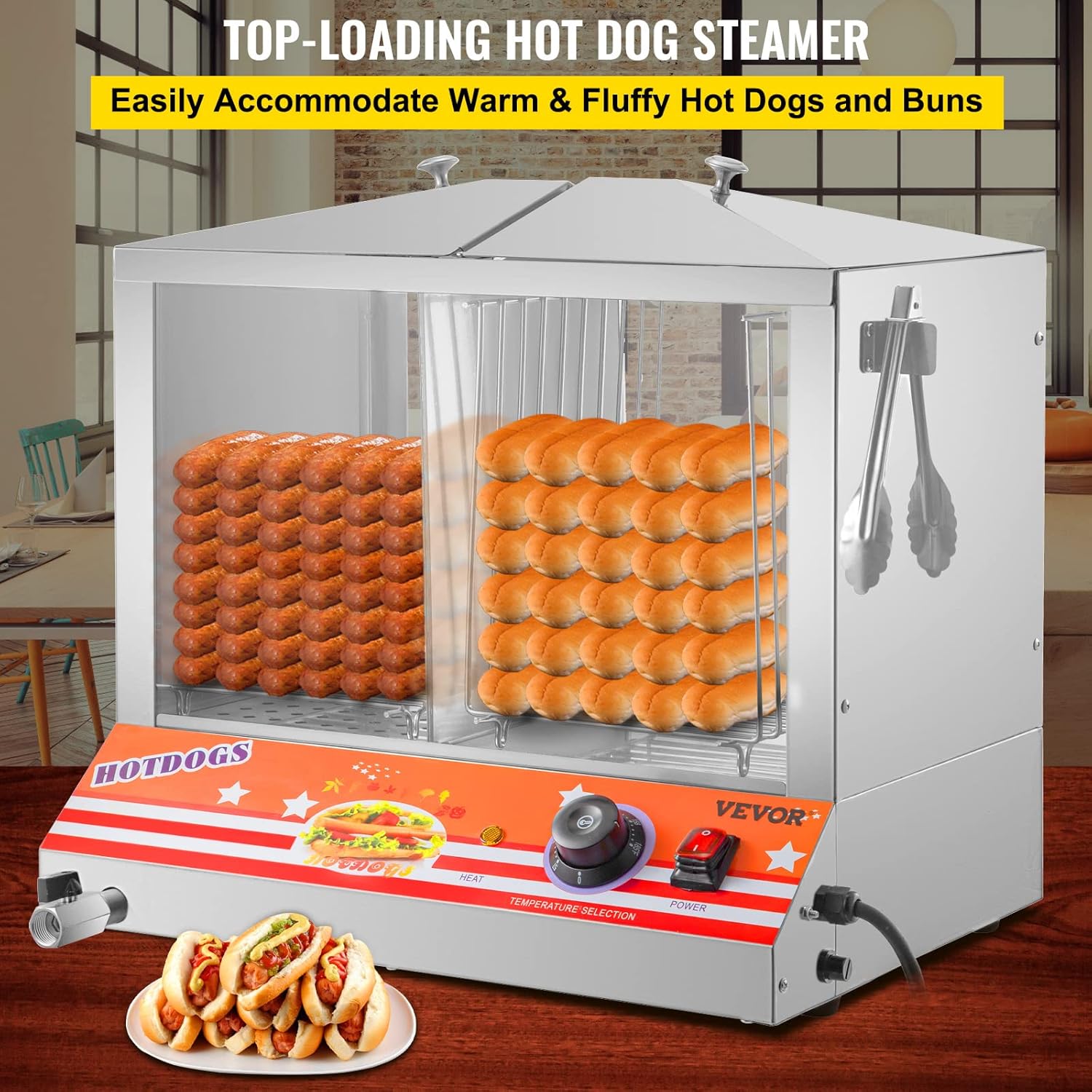 VEVOR Hot Dog Steamer, 36L/32.69Qt, Top Load Hut Steamer for 100 Hot Dogs & 48 Buns