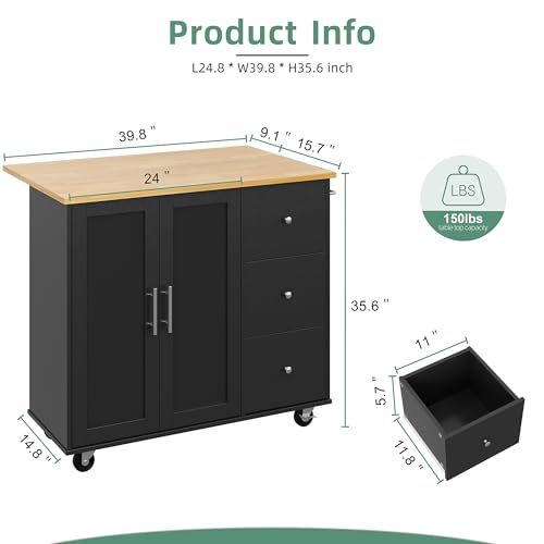 Shintenchi Rolling Kitchen Island Cart with Folding Drop Leaf Breakfast Bar, Portable Trolley Island with Large Storage Cabinet, Shelf and Drawer