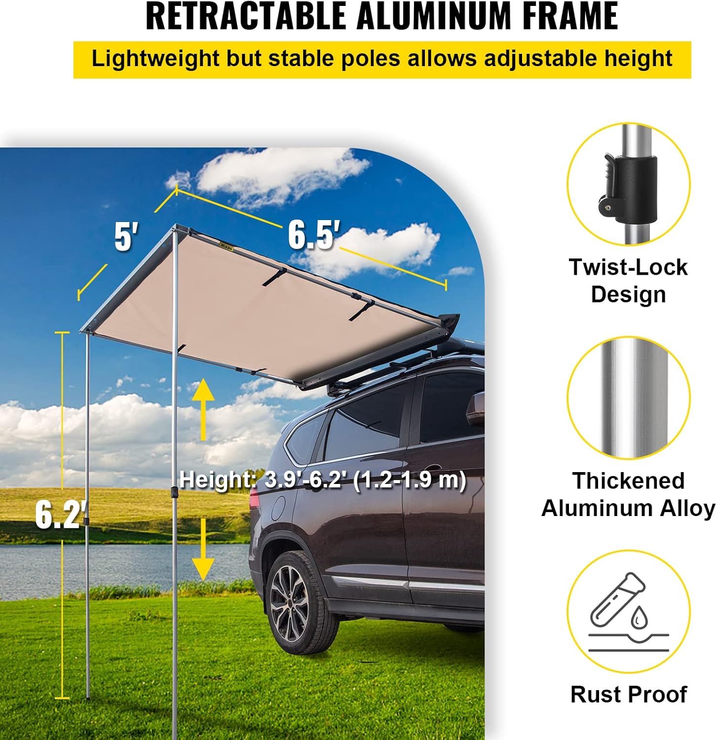 VEVOR Car Side Awning, 5'x6.5', Pull-Out Retractable Vehicle Awning Waterproof UV50+