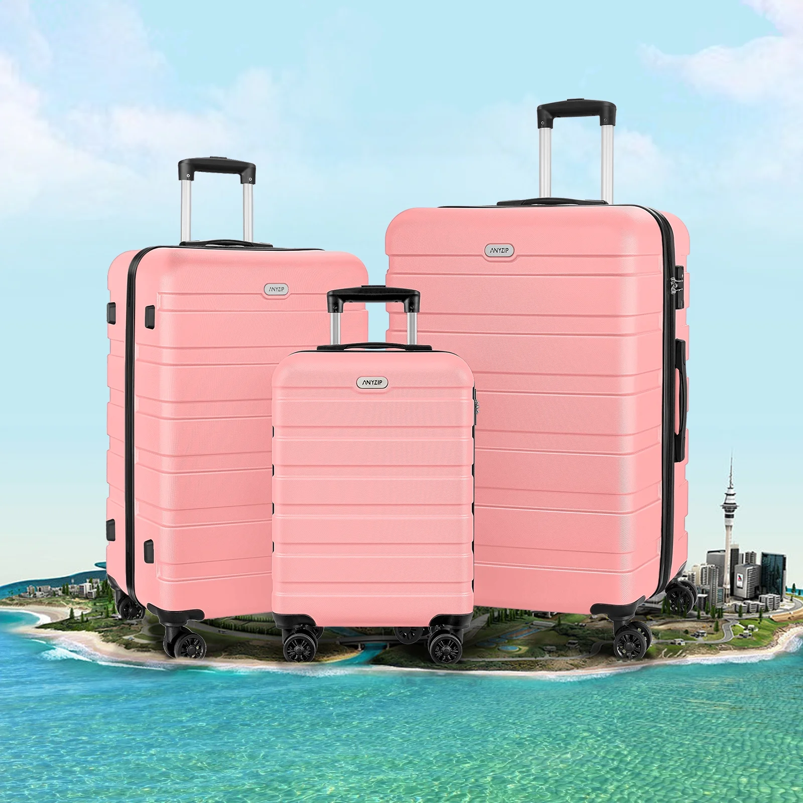 AMZFUN 3PCS Luggage Sets,PC+ABS Hardside Lightweight Suitcase with Silent Universal Wheels, TSA Lock Carry On Luggage 20/24/28 Inch Pink