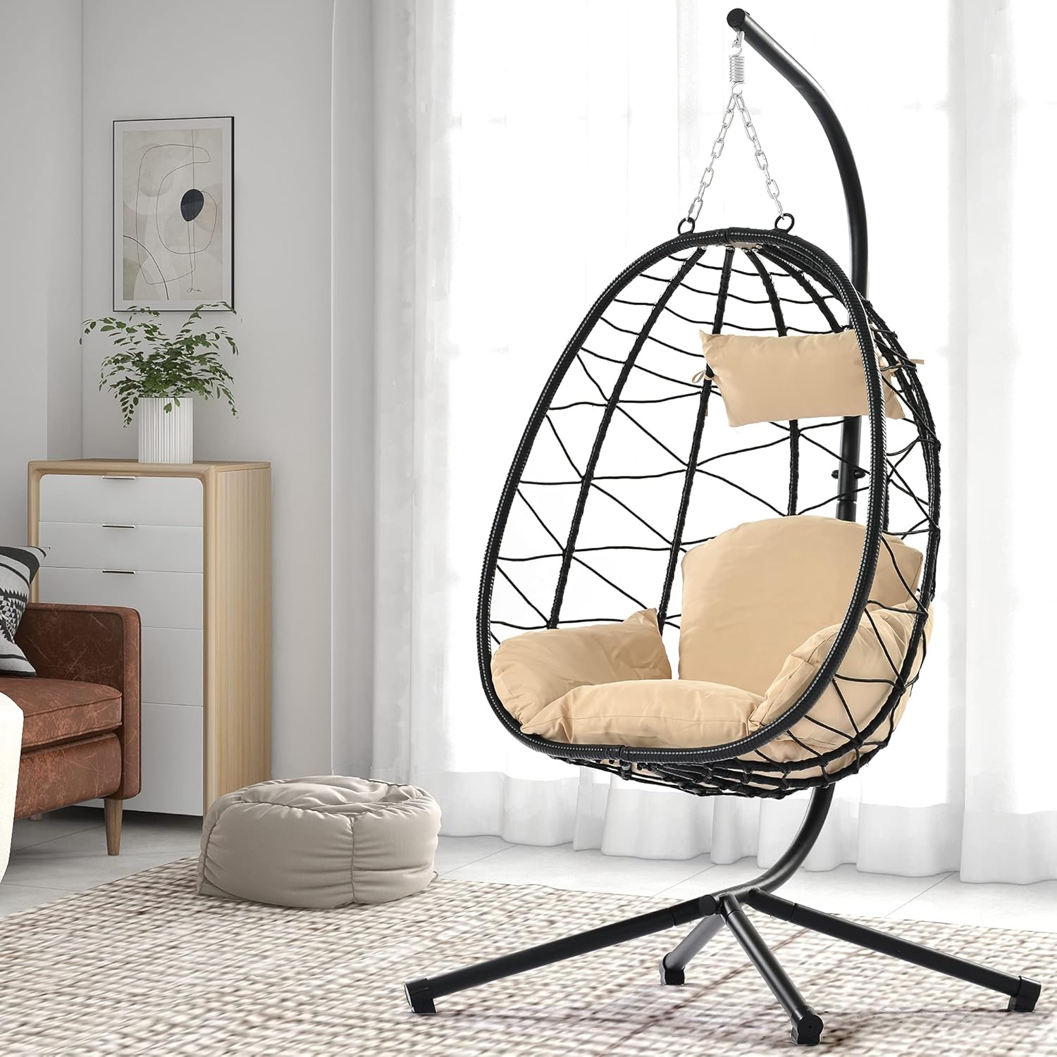 Indoor outdoor egg chair with stand, rattan hanging outdoor hanging chair with cushion, egg shaped hanging basket hammock chair for bedroom
