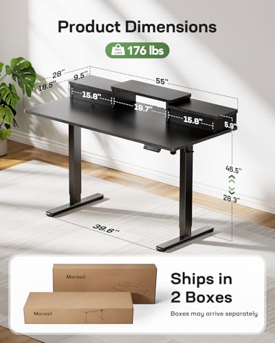Marsail Electric Standing Desk with Drawers, 55″ x 28″ Height Adjustable Sit Stand Up Desk with Storage Shelf