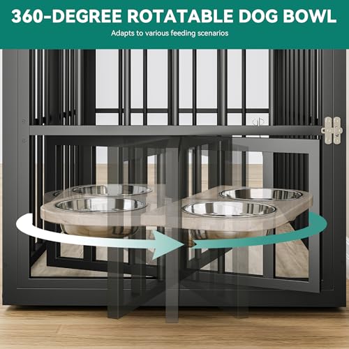 YITAHOME 88.6" Large Corner Dog Crate Furniture for 2 Dogs, Large Wooden Dog Kennel with Dog Bowls & 3 Doors