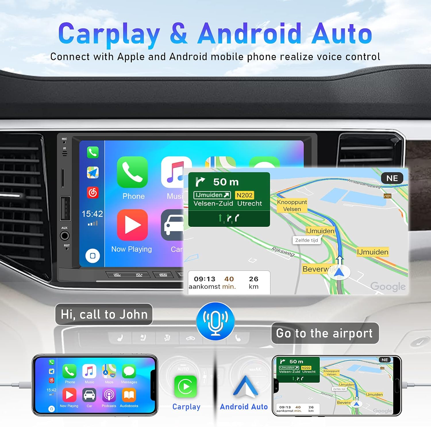 Double Din Car Stereo Radio with Carplay and Android Auto, AMprime 7'' Touch Screen Universal Car Multimedia Player with Bluetooth, FM Radio