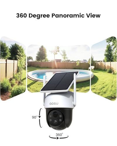 AOSU Solar Camera Outdoor Wireless - 100% Wire-Free Outdoor Security Camera Wireless with Fixed Solar Panel,360&deg; Panoramic View