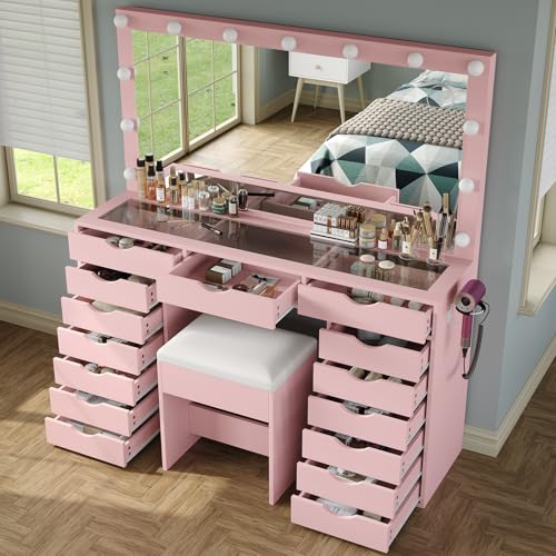 Vanity Desk with Mirror and Lights, Makeup Table with Charging Station, 3 Color Lighting Modes, 15 Drawers Dressing Table