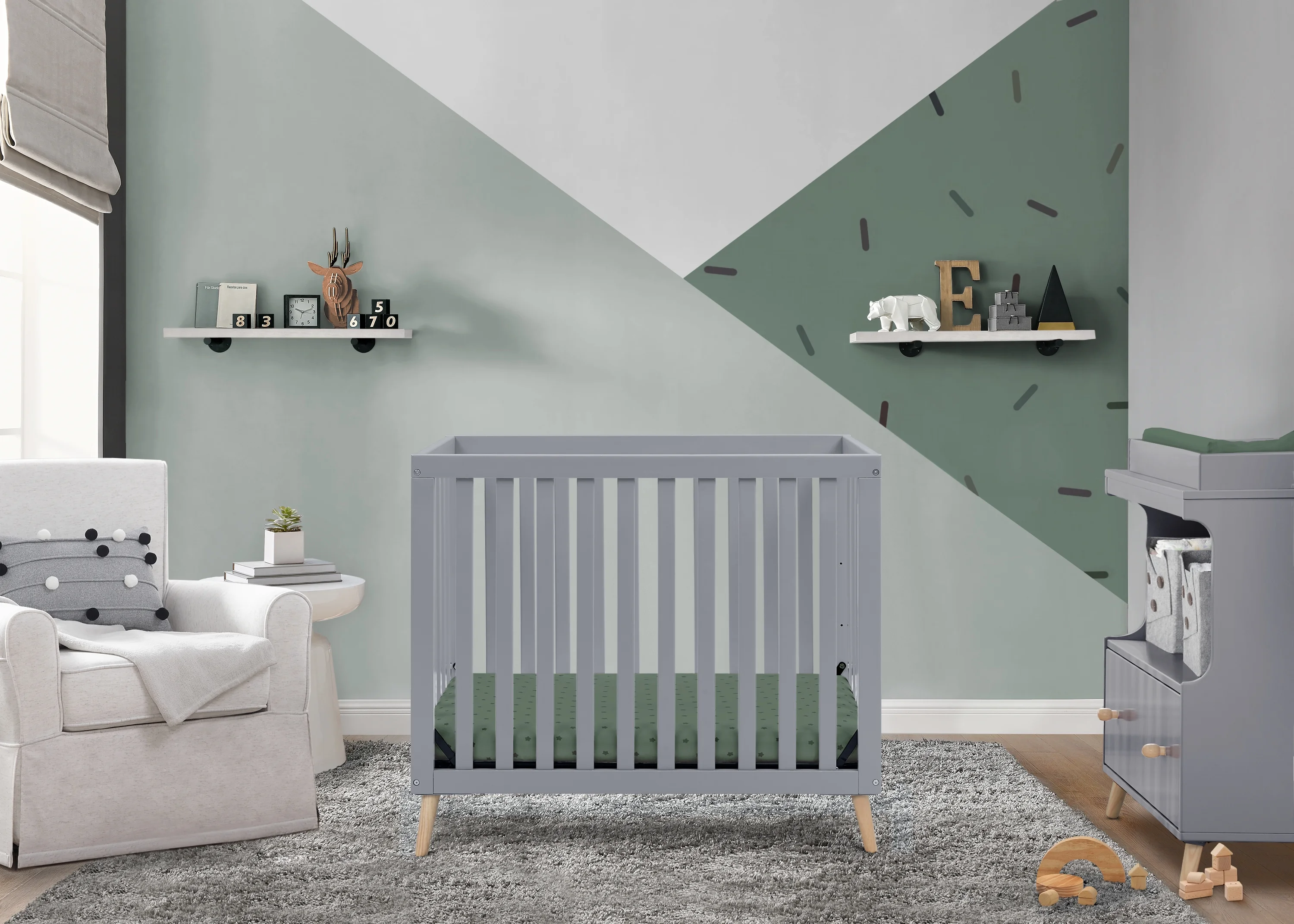 Delta Children Essex Convertible Mini Baby Crib with 2.75-Inch Mattress, Grey w/Natural