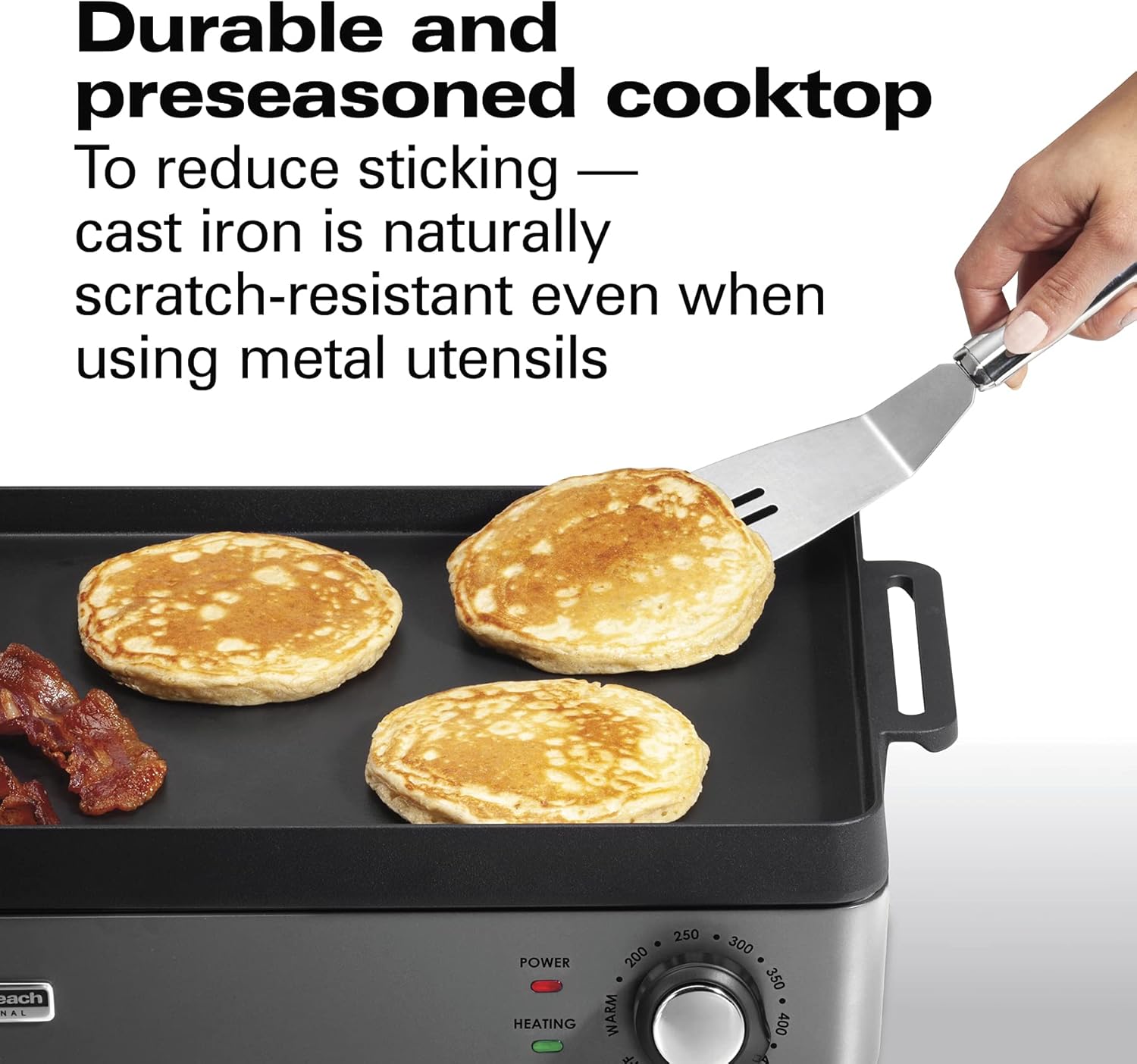 Hamilton Beach Professional Cast Iron Indoor Electric Grill & Griddle, 10" x 16" Preseasoned Cooking Surface, Adjustable Temperature up to 450° F