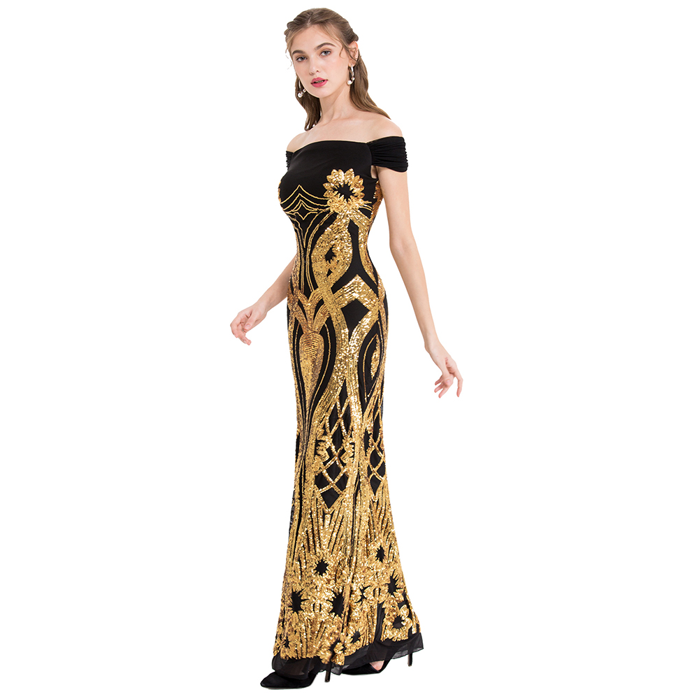 Angel-fashions Vintage Party Gown Women's Off Shoulder Gold Floral Pattern Sequins Sheath Long Evening Dress Medium