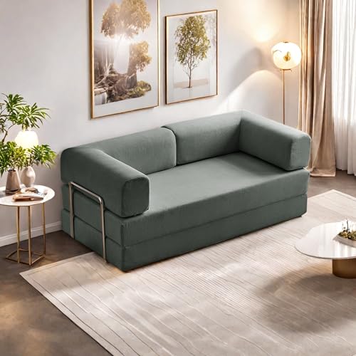 Convertible Floor Sofa Bed, Foldable Mattress Cloud Couch with Pillow Back & Armrest, Chenille Sleeper Sofa Bed with Fixed-Shape Frame
