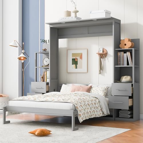 Harper & Bright Designs Full Size Murphy Bed Wall Bed with Storage Shelves, Drawers and LED Lights