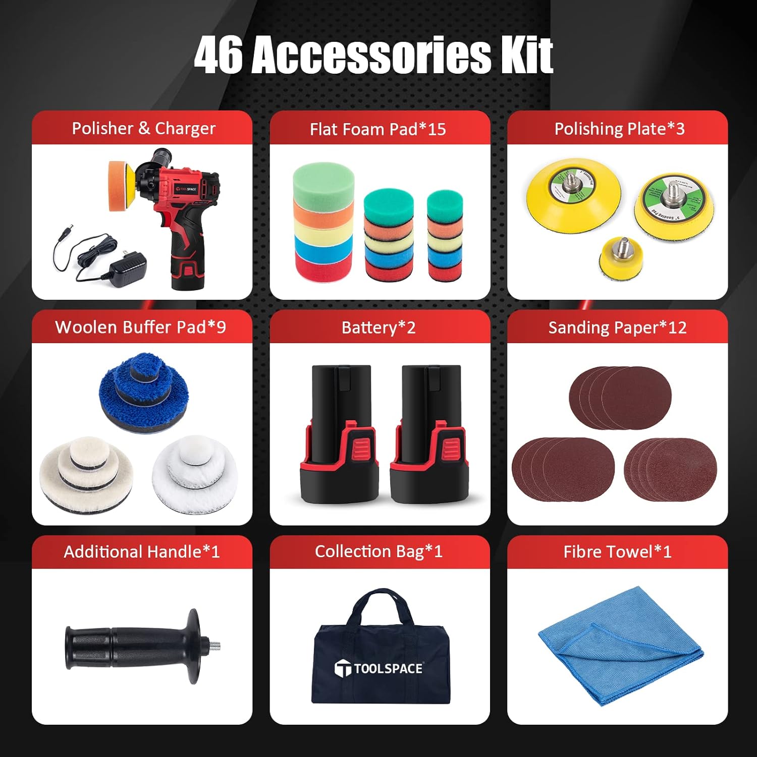 TOOLSPACE 46pcs Cordless Car Buffer Polisher Kit 12V 7800RPM with 2 x 2.0Ah Li-ion Batteries