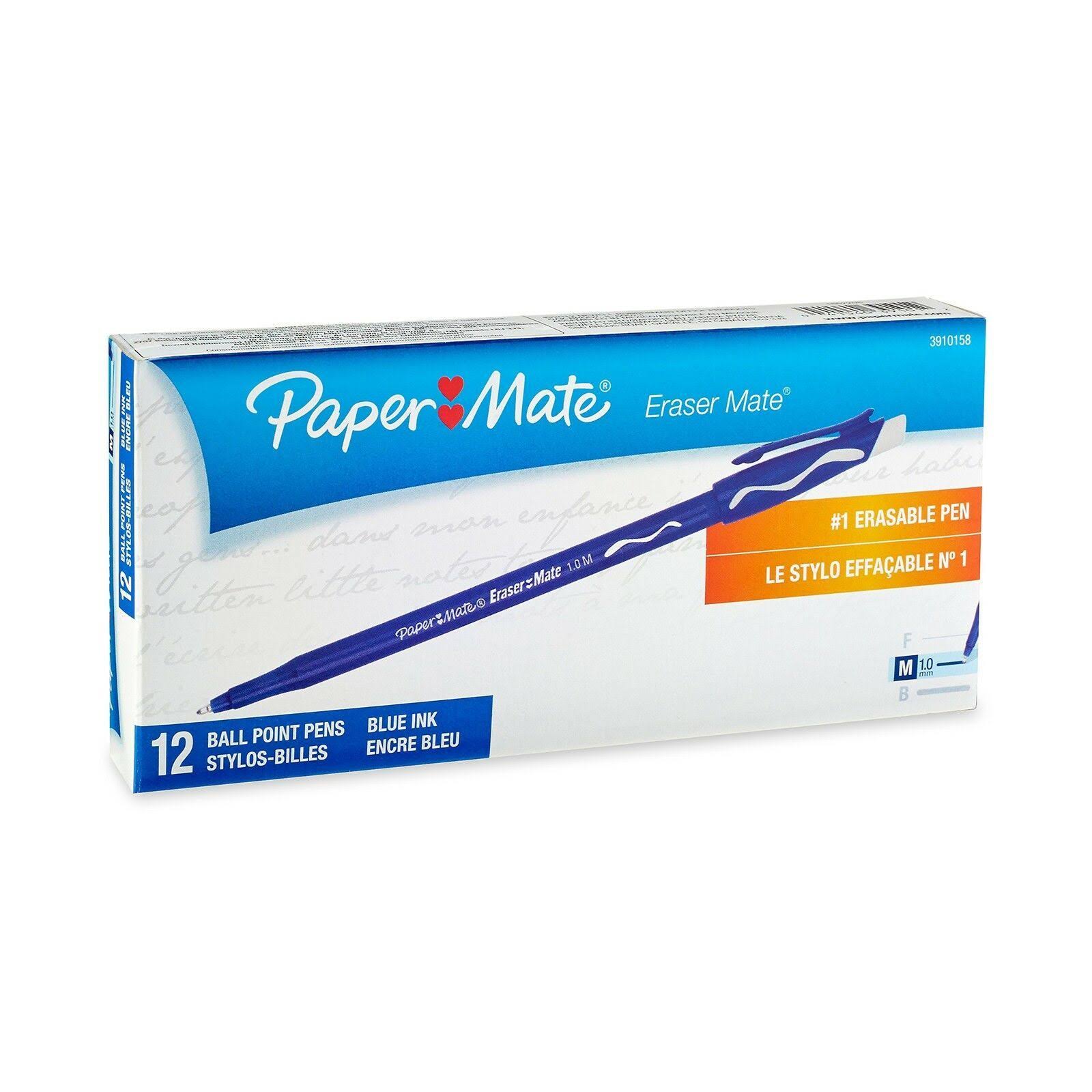 Paper Mate Erasermate Erasable Pen Medium Point Blue 12-Count