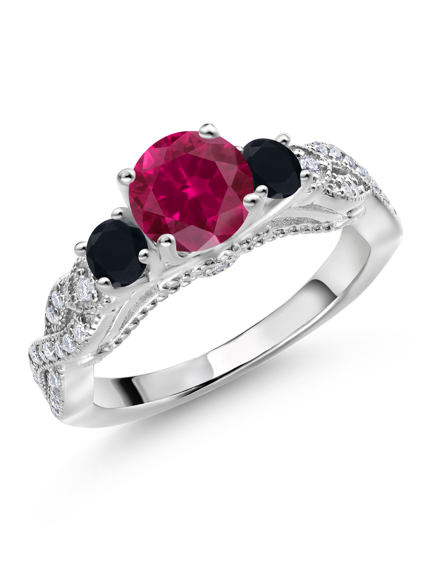 Gem Stone King 925 Sterling Silver Red Created Ruby Black Onyx and White Moissanite Engagement Ring For Women (1.47 Cttw, Gemstone July Birthstone