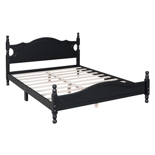 Retro Queen Bed Frame Wood Platform Bed with Headboard and Wooden Slat Support No Box Spring Needed (Black)