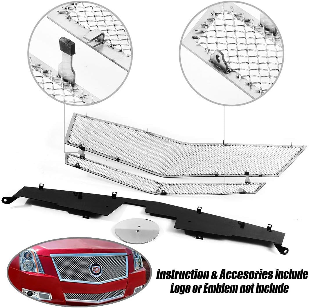 Front Grille Fit 2008-2013 Cadillac CTS Stainless Steel Mesh Grille Grill Insert Combo (Not For CTS-V or model with Adaptive Cruise Control)