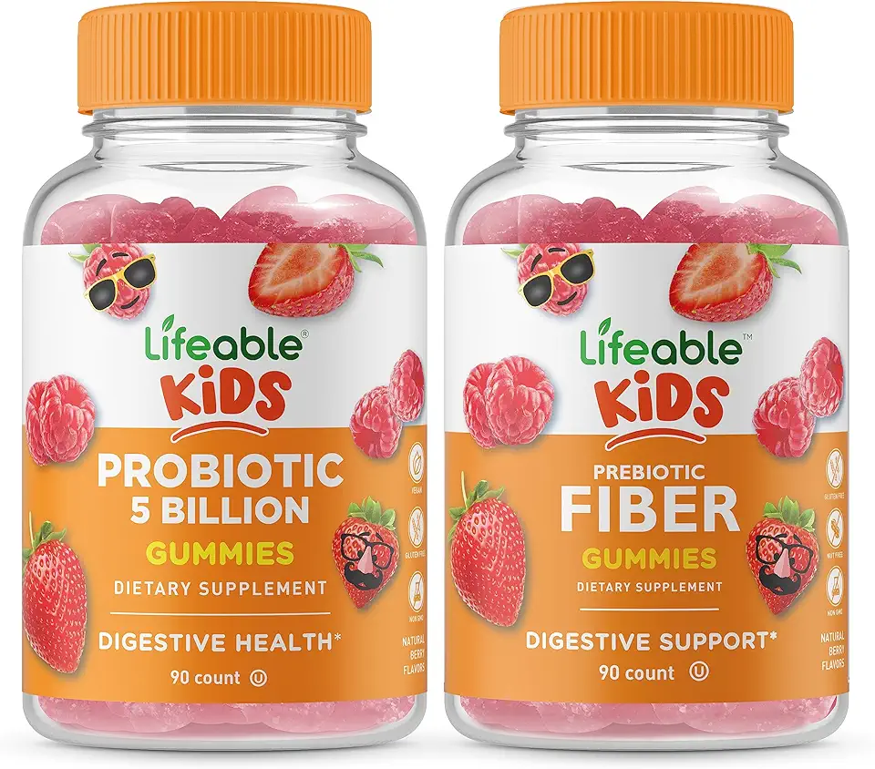 Lifeable Probiotics 5 Billion Kids + Prebiotic Fiber Kids, Gummies Bundle - Great Tasting, Vitamin Supplement, Gluten Free, GMO Free