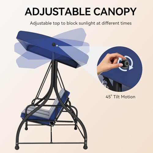 3-Seat Outdoor Porch Swing Glider with Adjustable Canopy, Patio Swings Bed with Removable Cushion for Porch, Backyard, Garden, Poolside, Balcony