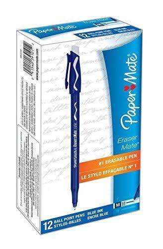 Paper Mate Erasermate Erasable Pen Medium Point Blue 12-Count