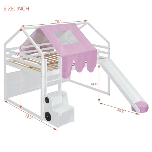 Harper & Bright Designs Kids Twin Low Loft Bed with Slide and Storage Shelves, Wood Playhouse Loft Bed Frame with a Tent & Stairs