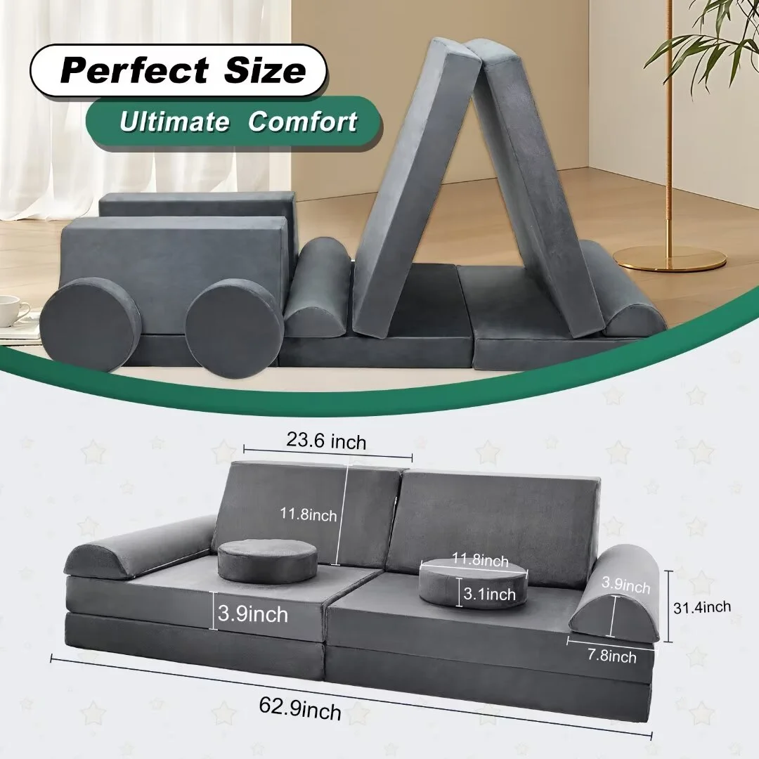 Docred Play Couch for Kids Imaginative Furniture, 10pcs Modular Sectional Kids Couch for Toddlers,Gray